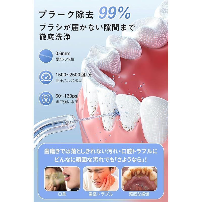 口腔洗浄器 ジェットウォッシャー 5種類の水流モード 替えノズル6本 360°回転設計 パルス水流 350 ML大容量タンク USB充電式 IPX 7防水 コードレス 携帯型 歯間ケア 口腔ケア 家庭用-旅行用に最適 日本語説明書付き ホワイト