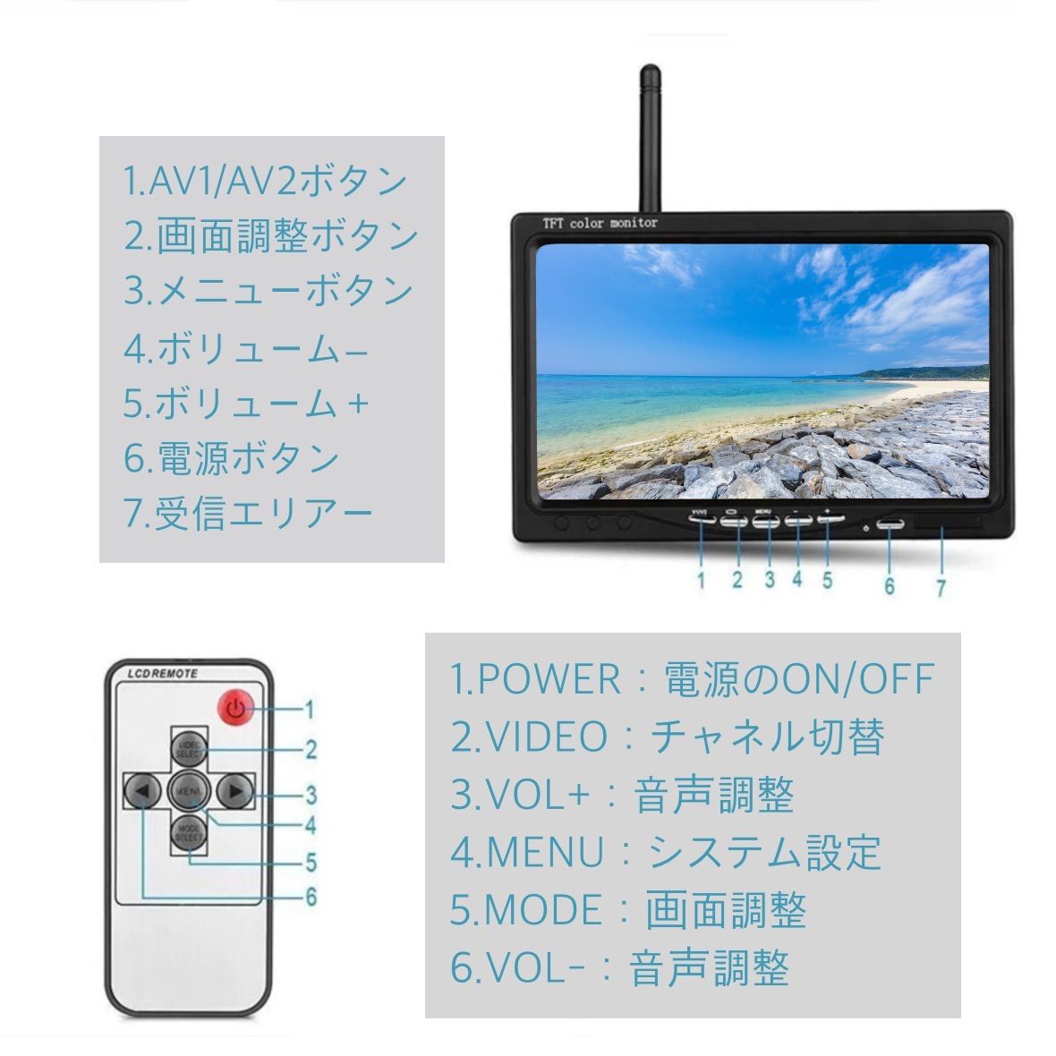 ワイヤレスバックカメラセット ルームミラー+小型バックカメラ＋無線トランスミッター お得な3点セット GL-700HWBT100BK801 『12v⁄24v 7インチ』ルームミラーモニター ワイヤレス