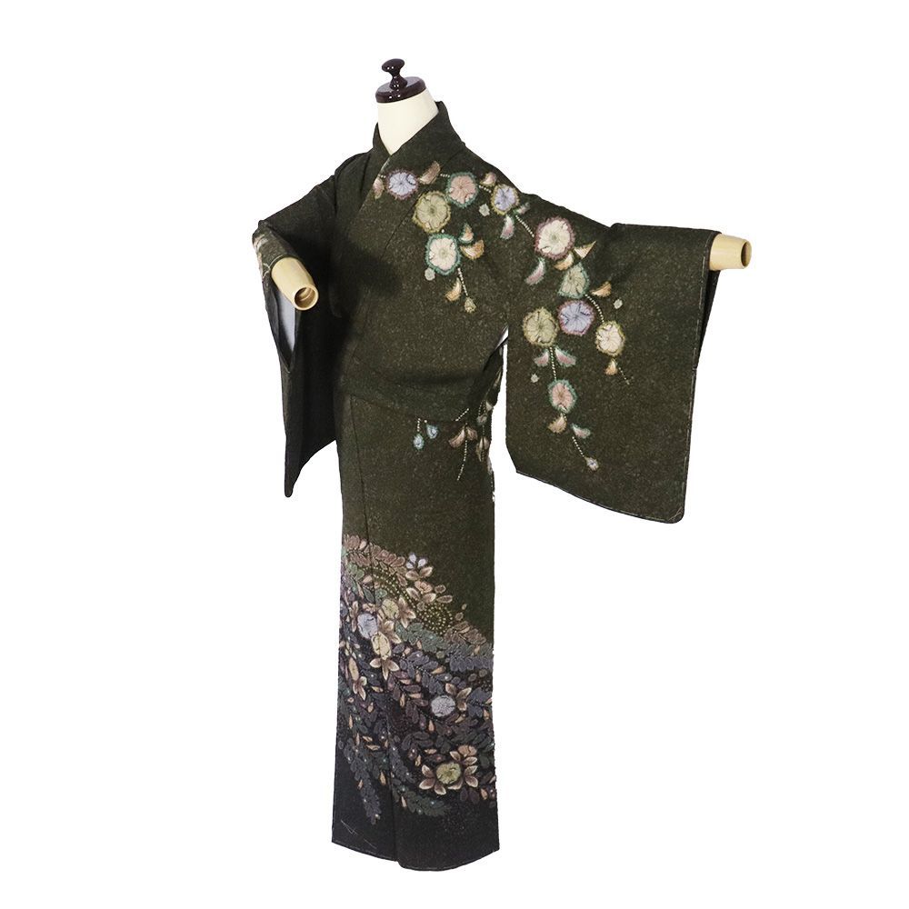 辻が花訪問着 袷 正絹 緑 濃い緑 濃いグリーン 絞り 辻が花 Sサイズ