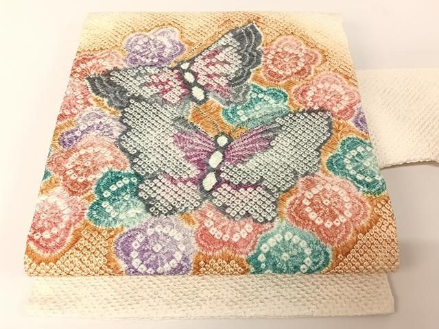 平和屋着物●名門　藤娘きぬたや・総絞り　九寸名古屋帯　花蝶文　暈し染め　正絹　逸品　AABA2590np 平和屋着物○名門 藤娘きぬたや・総絞り 九寸名古屋帯 花蝶文 暈し染め