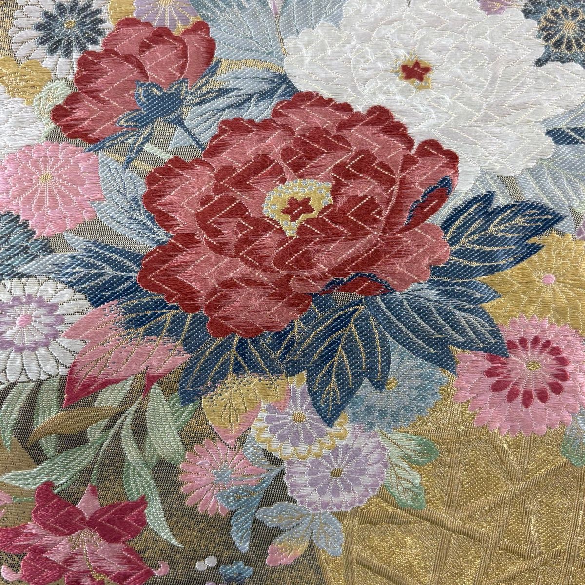 袋帯 秀品 花籠 草花 金糸 唐織 金茶 六通 正絹