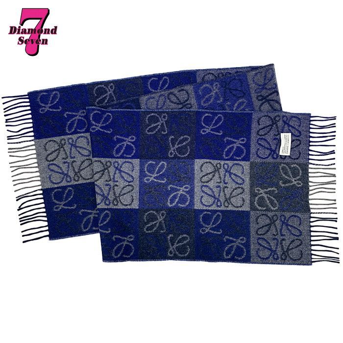 LOEWE ロエベ マフラー スカーフ 紺 ネイビー 刺繍入り LOEWE（ロエベ） ロゴスカーフ マフラー ウール カシミヤ ネイビー 紺