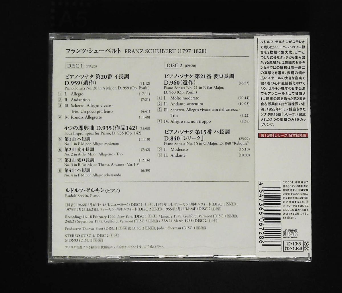 シューベルト ピアノ ソナタ第20番 第21番 第15番 レリーク -即興曲 CD ゼルキン ルドルフ SMJ