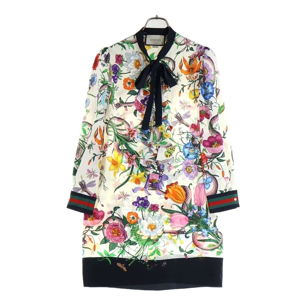 GUCCI グッチ フラワー総柄プリント GGパールボタン シェリーライン フリルデザイン リボンカラー シルク ワンピース ドレス マルチカラー レディース 453014