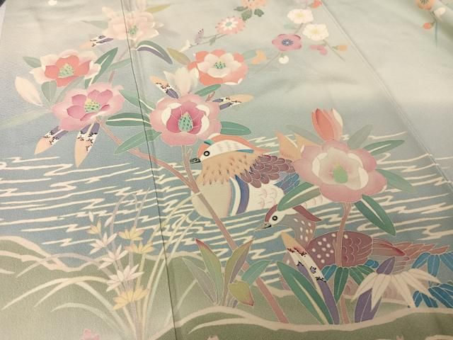 平和屋着物●本加賀友禅作家　野崎徳勝　訪問着　鴛鴦枝花文　正絹　逸品　AABA5060np 平和屋着物○本加賀友禅作家 野崎徳勝 訪問着 鴛鴦枝花文 正絹 逸品