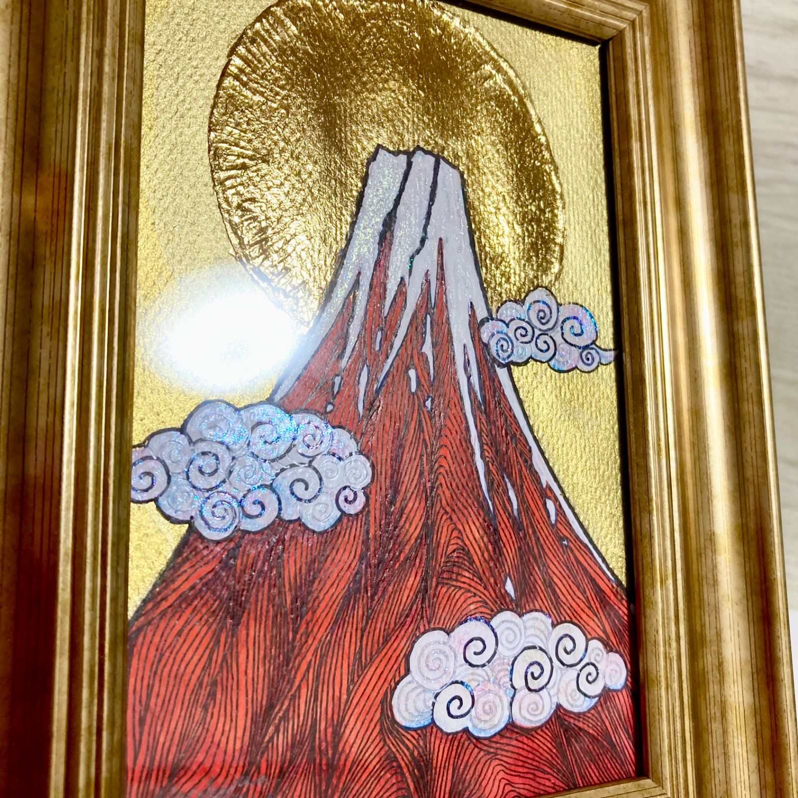 【キラキラ輝く開運画】超幸運金箔赤富士A（原画、ハガキ大）＊厄除け・願望成就・商売繁盛＊玄関やリビングにオススメ