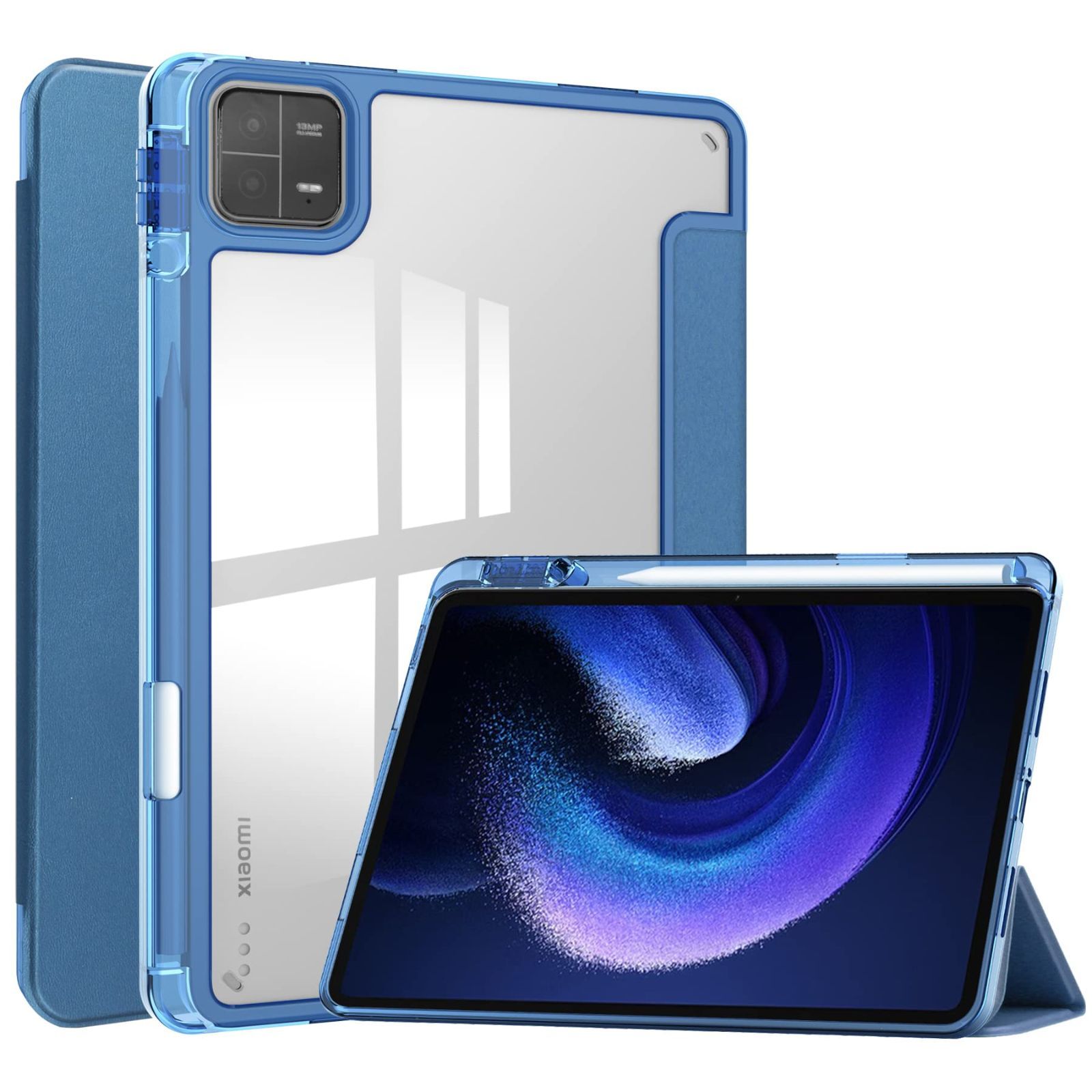 ケース ペン収納可能 PU レザー Pro 三つ折りスタンド シャオミ Pad Pad 6 Pad 6 6 Pro カバー 透明ケース 6 クリア スマートケース オートスリープ機能 Pad Xiaomi Pad6 Pad6 Xiaomi Pro， ブルー
