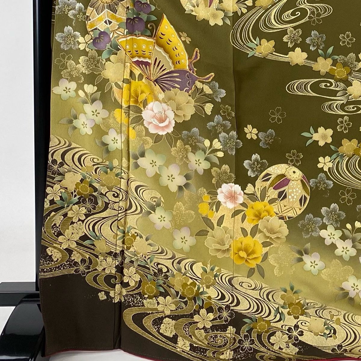 振袖 身丈172cm 裄丈64cm M 袷 手鞠 蝶 金銀彩 金糸 茶緑色 正絹