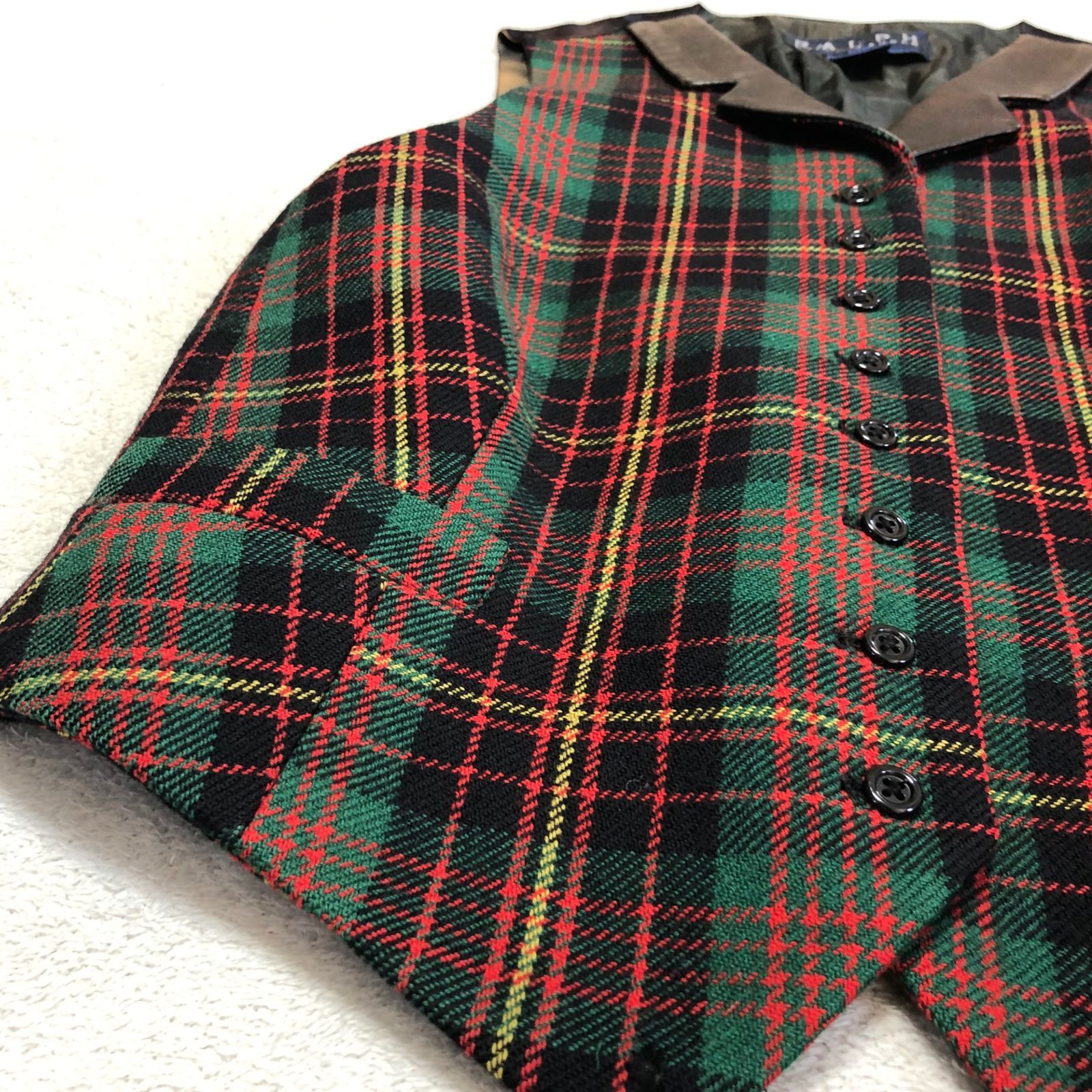 Ralph Lauren ジレ ベスト レザー切り替え タータンチェック柄 8