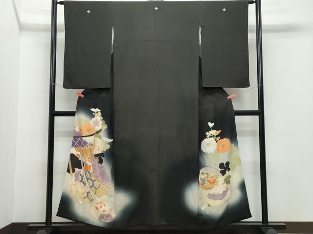 平和屋着物●アンティーク 大正ロマン 黒留袖 駒刺繍 几帳貝合わせ花文 暈し染め 金彩 正絹 CAAZ0946vf