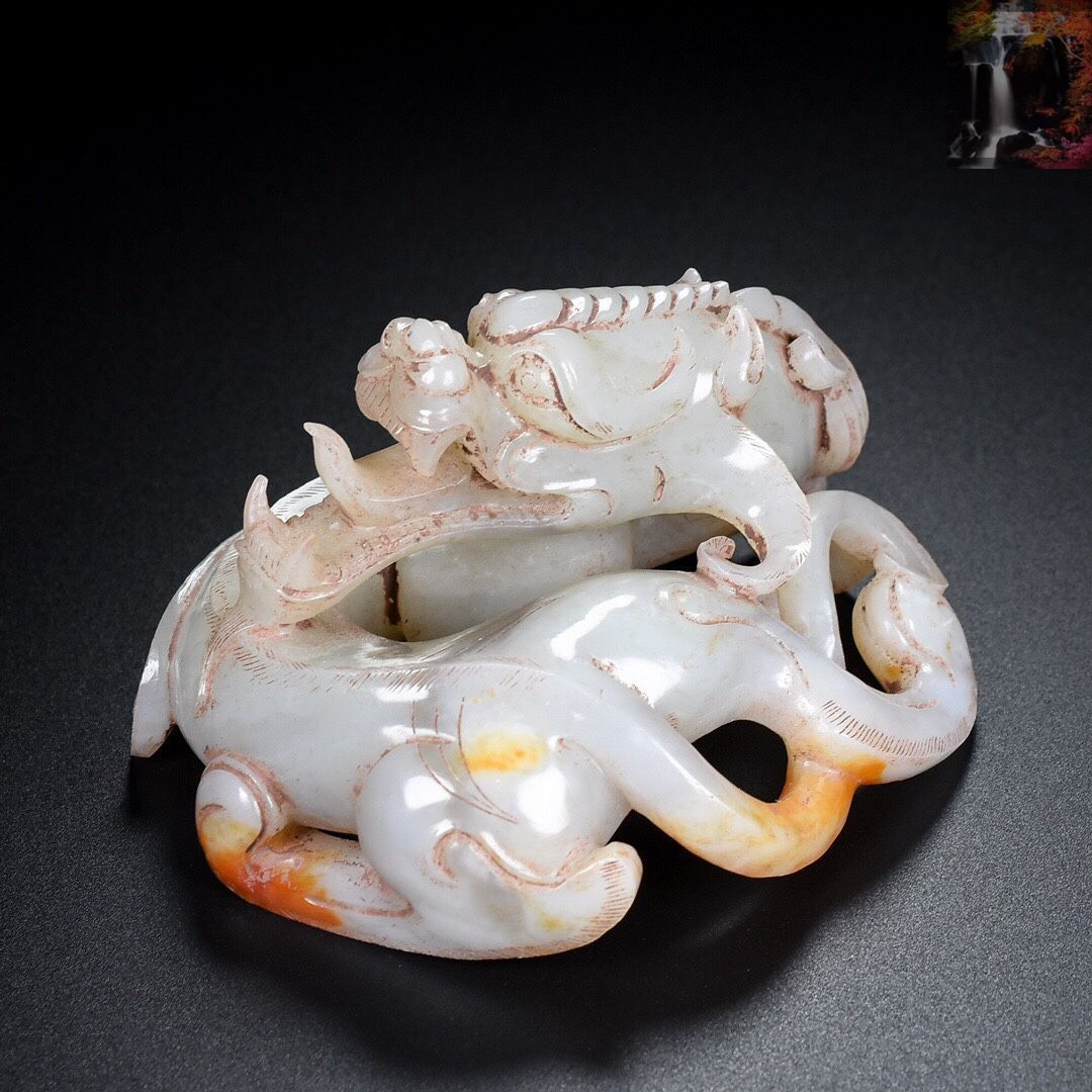 清朝期・和田玉・白玉彫　古美術品、骨董品、 旧家蔵出『清 和田玉 白玉彫り 人物物語子岡玉牌』古美術品