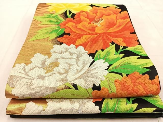平和屋着物◎六通柄袋帯 草花文 牡丹 金糸 正絹 逸品 DAAX6065jm