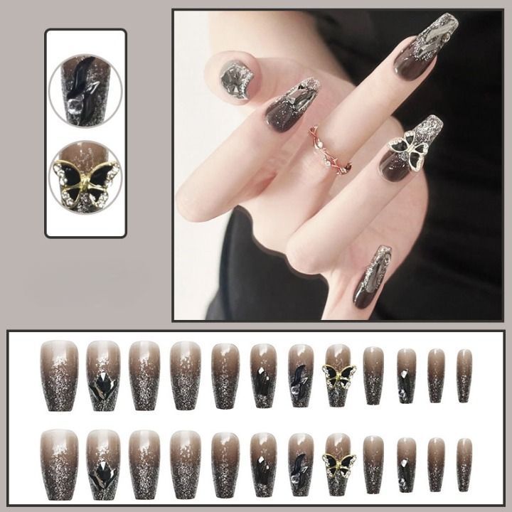 ネイルチップ　黒　ブラック　ロングポイント　地雷　サブカル　量産型　オーダー ネイルチップ サブカルネイル 黒ネイル 地雷ネイル 量産型ネイル