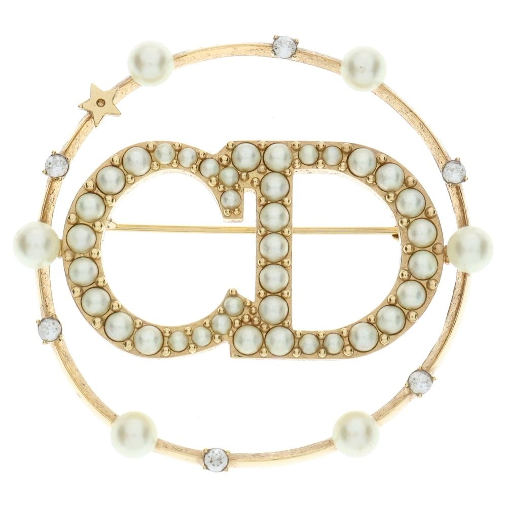 ◆華やかなパールロゴ◆Dior Clair D Lune ブローチ Clair D Lune Brooch Gold-Finish Metal and White Crystals | DIOR