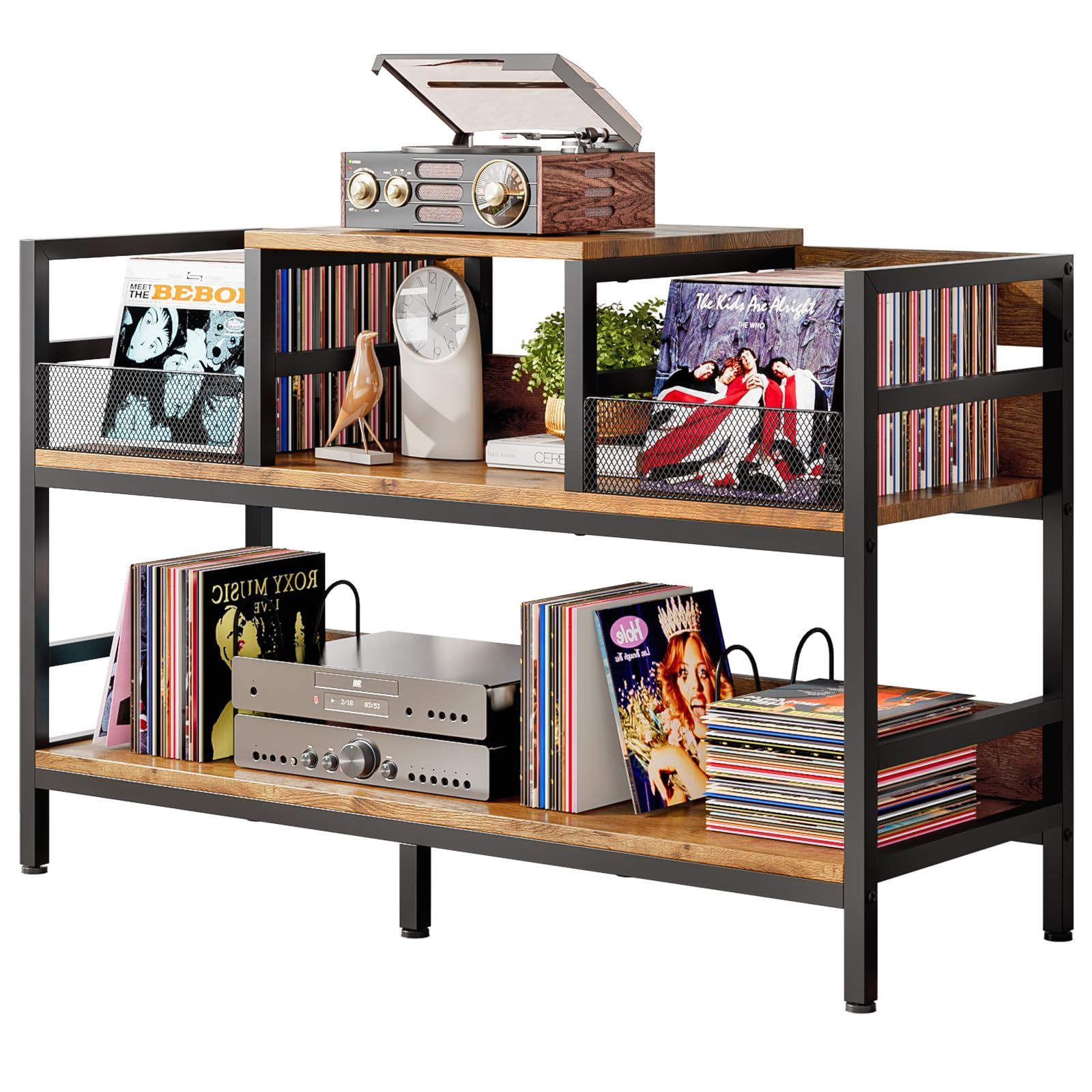 Fainyearn レコード棚 レコードラック 大容量収納 レコードプレーヤースタンド 3段 オープンシェルフ 収納ラック 幅165 x 奥行き37x 高さ77.5cm