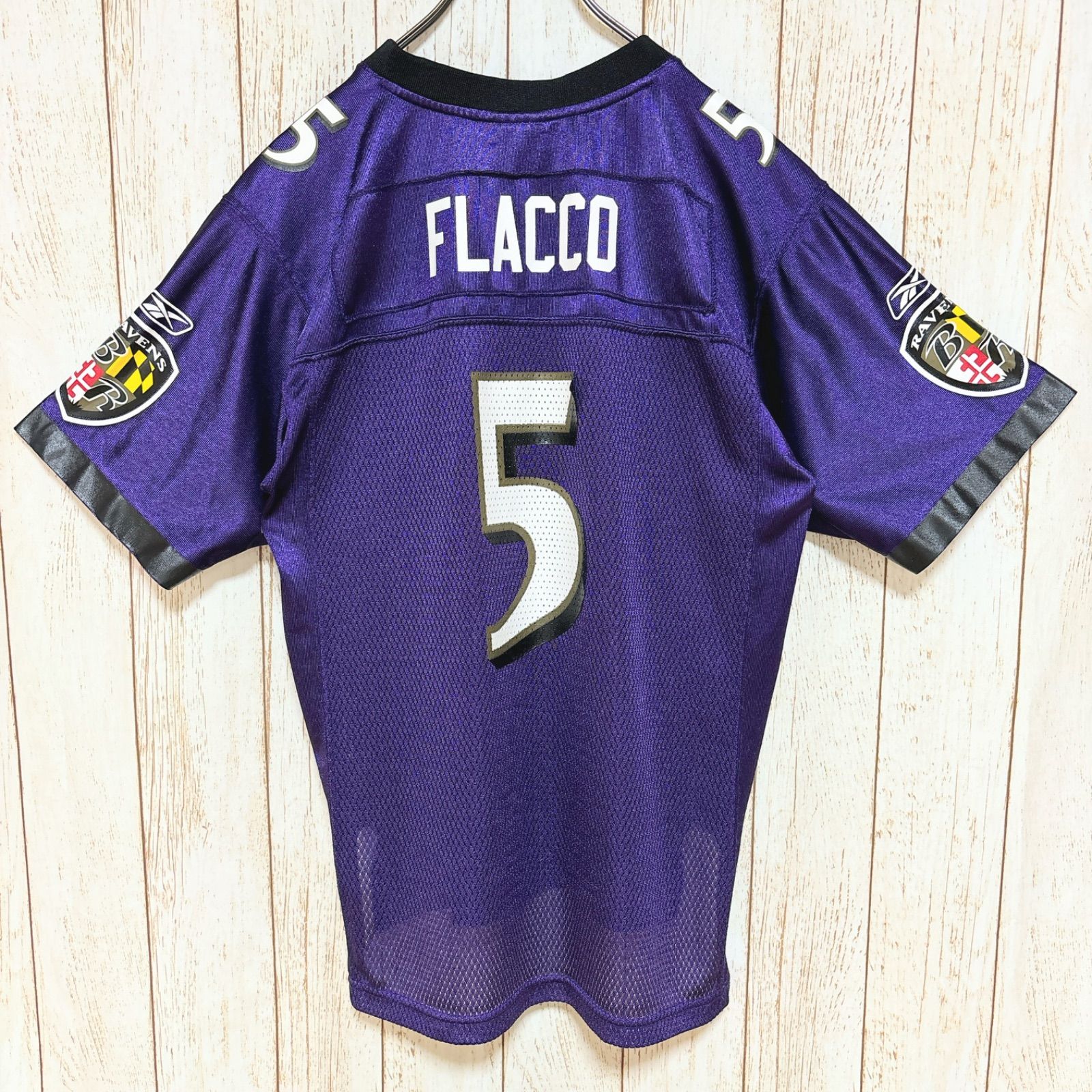 NFL レイブンズ アメフト 刺繍 ゲームシャツ FLACCOリーボック NFL リーボック ヴィンテージ ゲームシャツ アメフト ロゴ