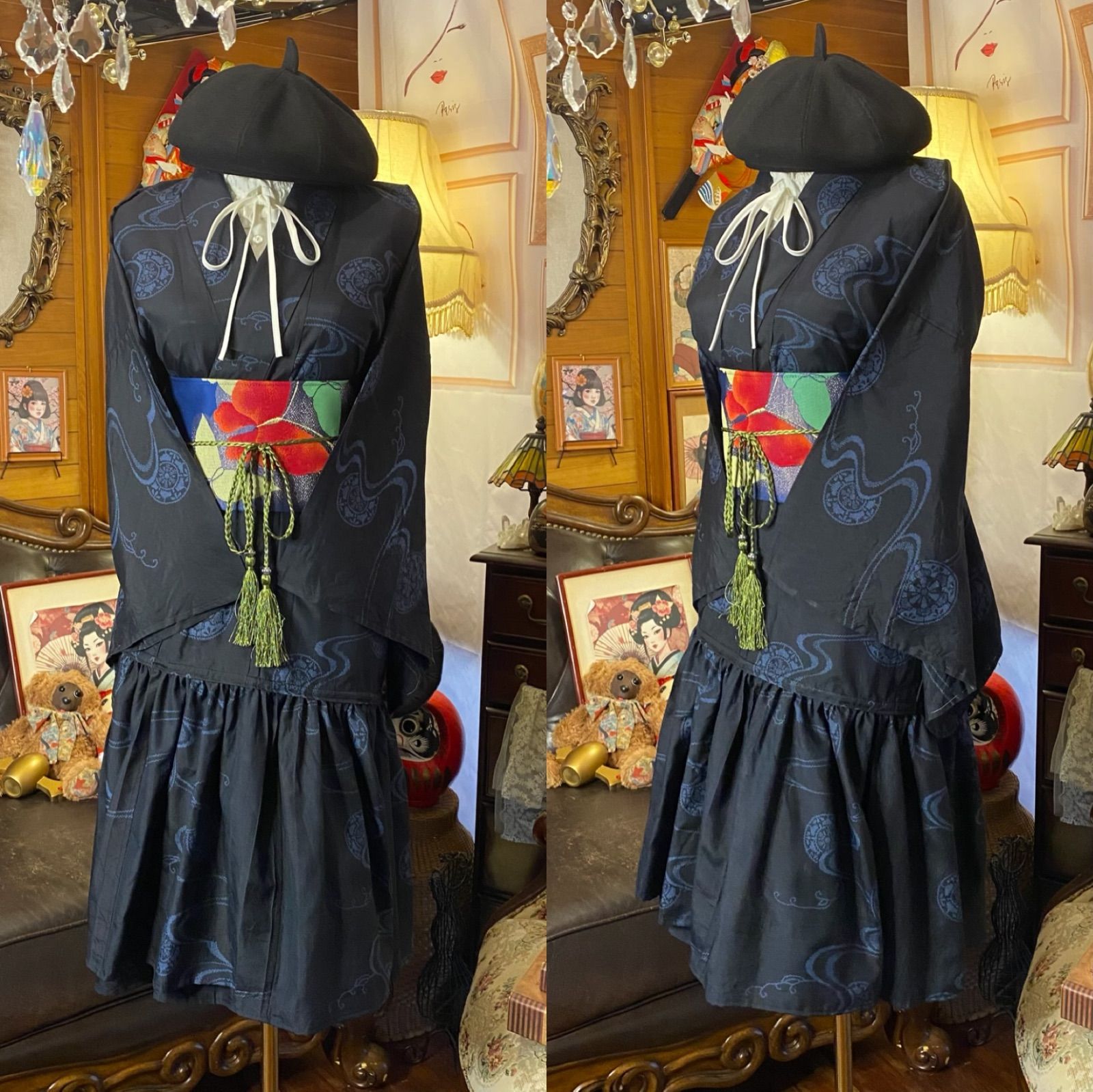 単衣着物 2way ガウン 羽織り ドレス ワンピース ハンドメイド 和洋折衷 アンティーク リメイク 名古屋帯サッシュベルト レトロ 古着 紺黒を基調に 藍の濃淡で描いた流水に丸文 KD-65