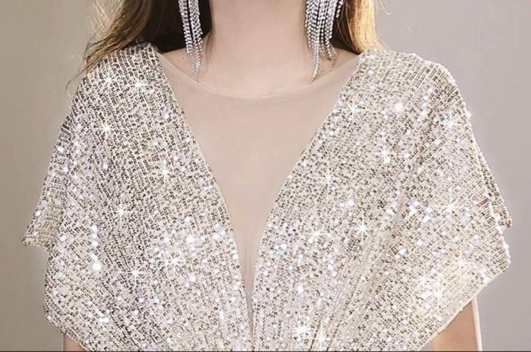 スパンコールが美しい フレンチスリーブ イブニングドレス スパンコールが美しい フレンチスリーブ イブニングドレス