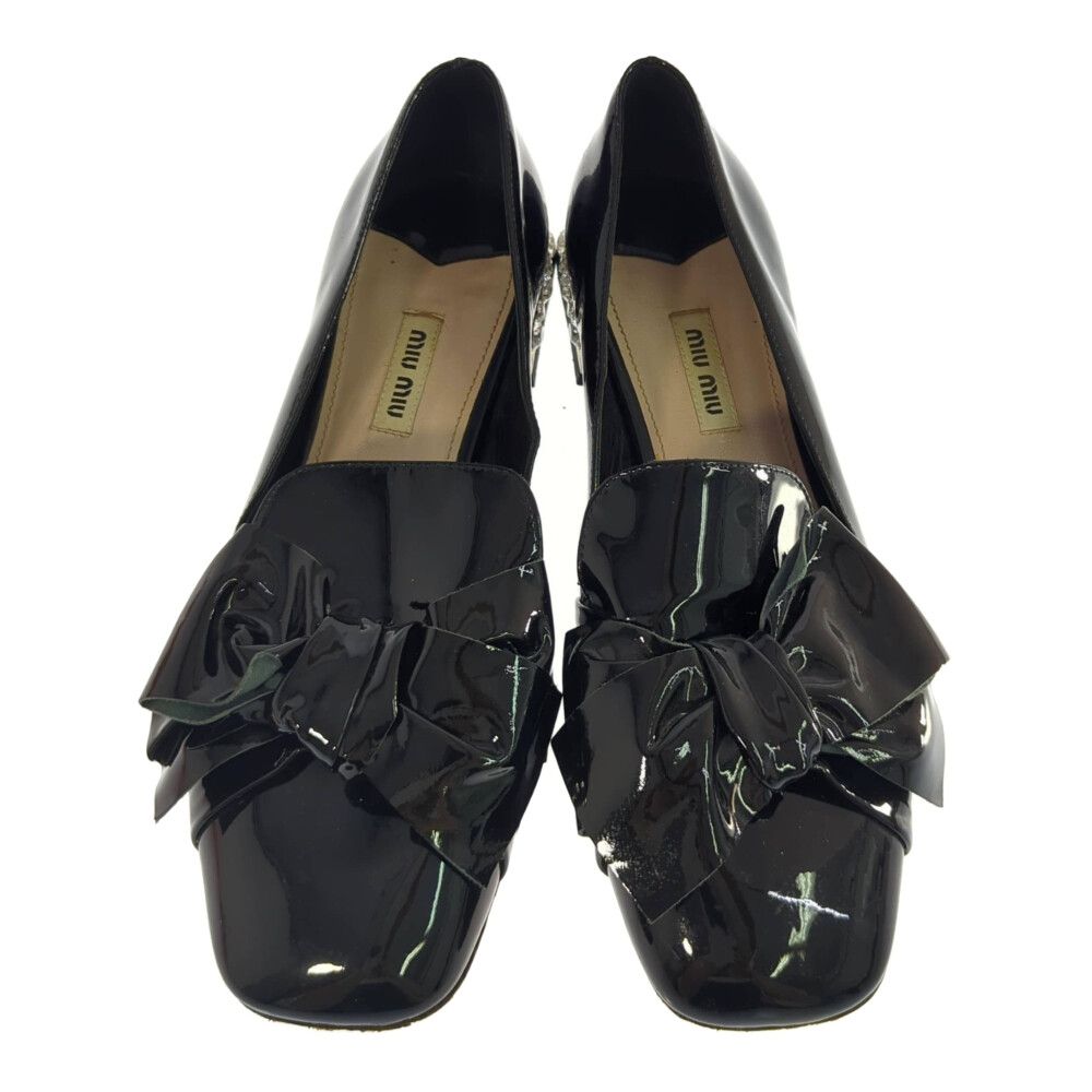 miu miu ミュウミュウ エナメルレザー リボン ぶじゅーヒール ローファー パンプス 靴 39 ブラック ヒール ドレスシューズ オールシーズン ♀ B レディース 593840