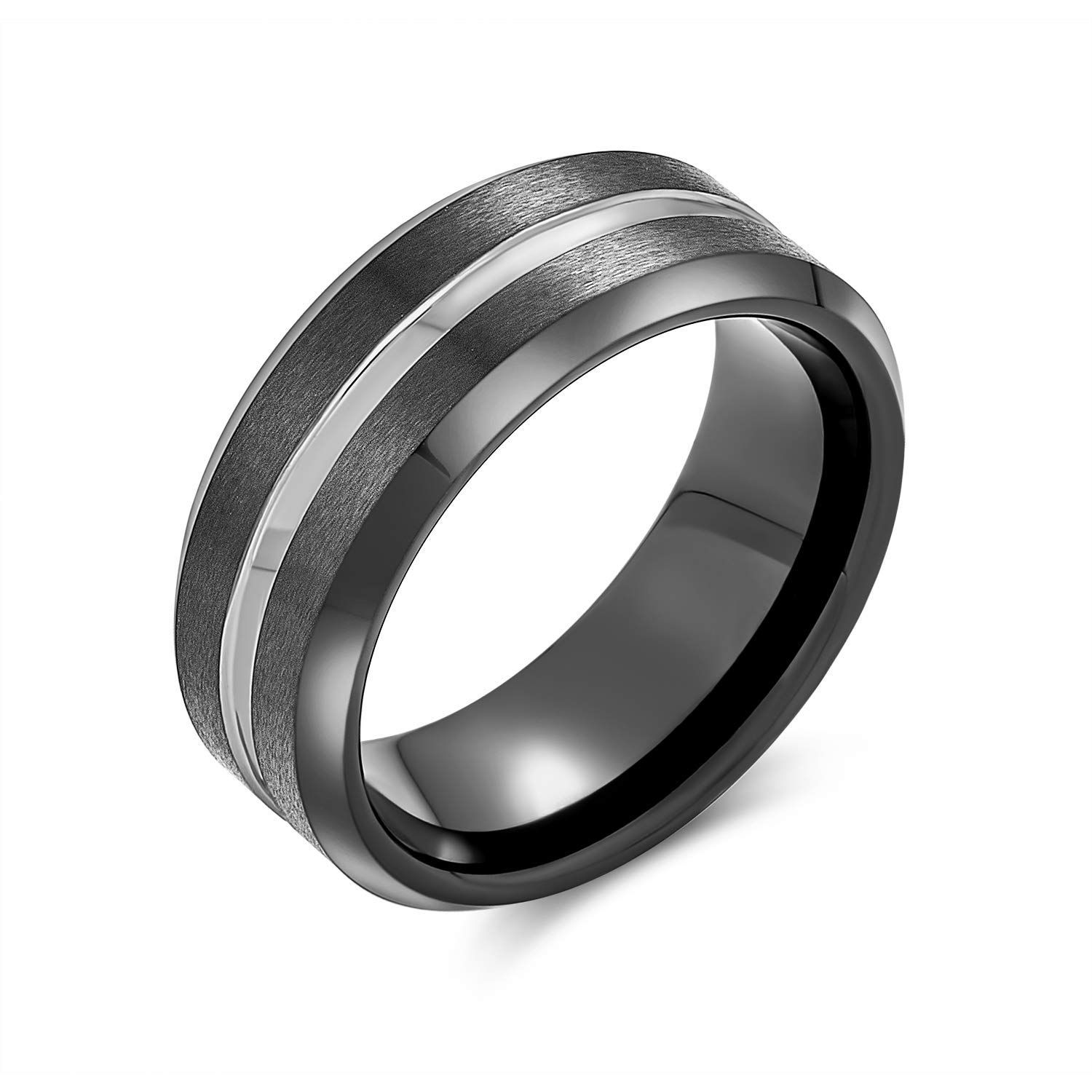 【人気商品】Jewelry] シンプルなブラックシルバー2トーンセンターカップルチタンウェディングバンドリング男性用女性用コンフォートフィット8MM [Bling