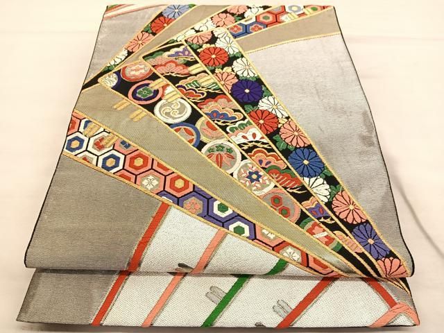 平和屋着物◎六通柄袋帯 唐織 檜扇花文 黒地 金銀糸 正絹 逸品