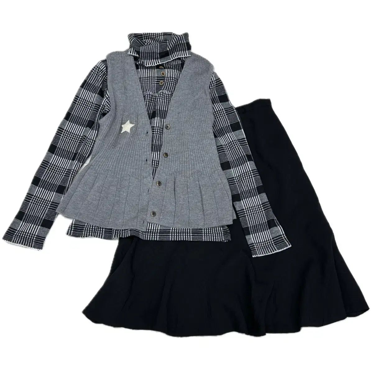 日本ヴィンテージ ブラック グレー 森ガール チェック柄ブラウス ニットベスト スカート コーディネートセット