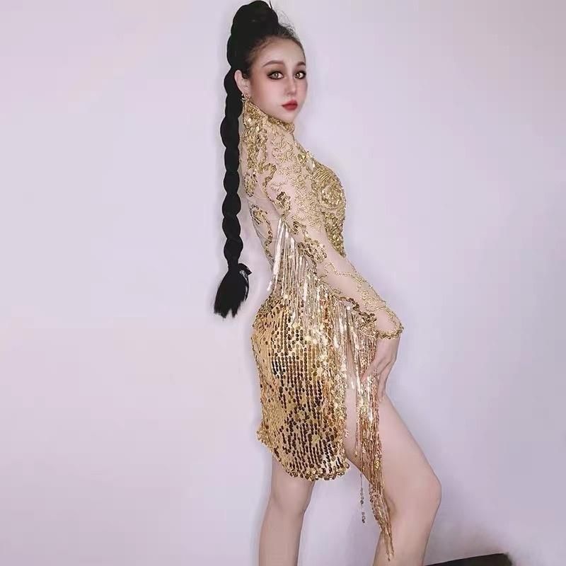 ♥ 社交ダンスドレス ベリーダンス衣装 ゴールド ラメ フリンジ ラテンダンス ステージ衣装 セクシー スリット パーティードレス