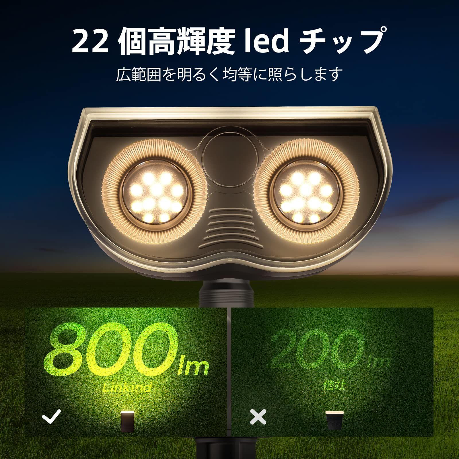 新品 自動点灯 22LEDs 超明るい ソーラースポットライト 防犯防災 2WAY装置方法（地面挿入式、壁掛け式） センサー IP65防水 屋外  庭園灯 駐車場 2023昇級版ソーラーライト (2個セット Linkind 電球色-大きいサイズ)