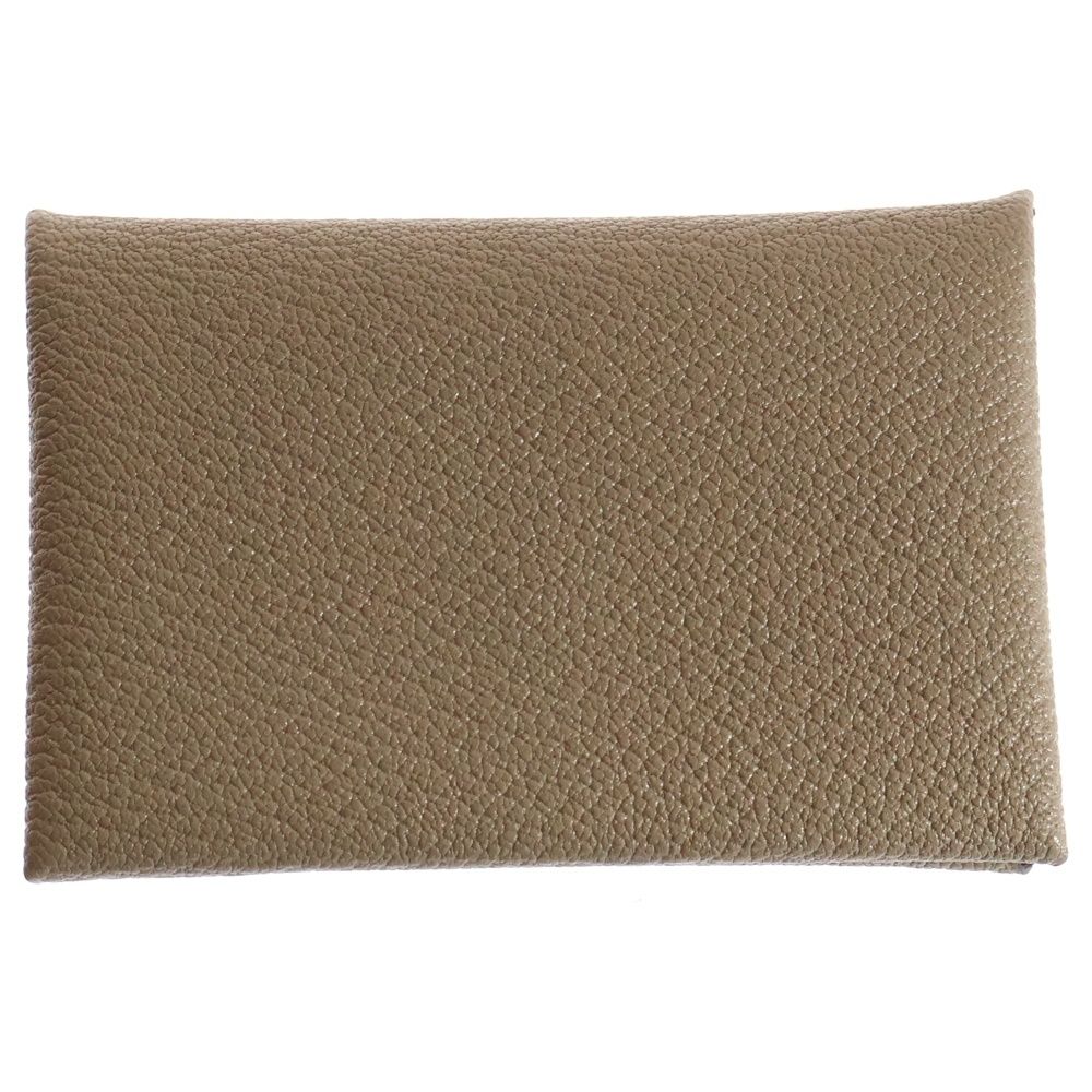 HERMES エルメス カルヴィ シェーブル カードケース ウォレット コインケース 小物入れ ベージュ ブラウン シルバー金具 W刻印