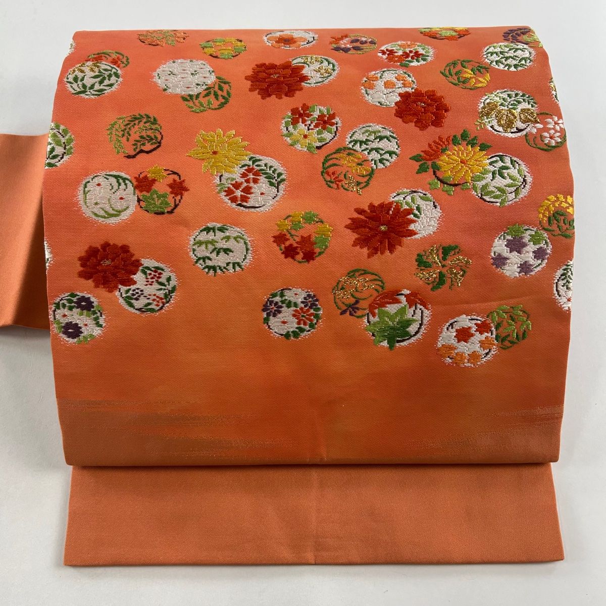 名古屋帯 美品 優品 花丸文 花 金糸 オレンジ 正絹 【中古】