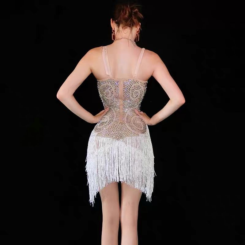 フリンジ＆チェーン ボディスーツ 歌手 ステージ衣装 パフォーマンスウェア シルバー