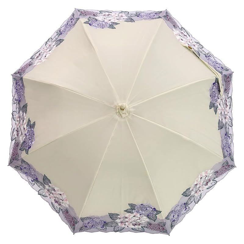 シノワズリーモダン 日傘 女優日傘 紫陽花 オーガンジー刺繍 長日傘 完全遮光 遮熱 逃熱 UVカット かわず張り 涼しい 晴雨兼用傘 ベージュ 0