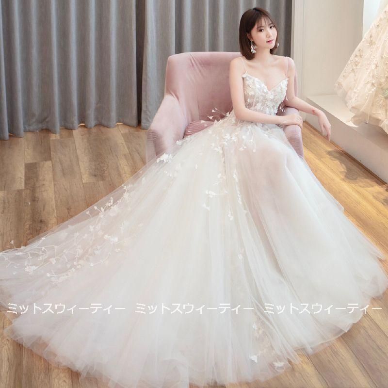 ウェディングドレス 花嫁 二次会 ウエディングドレス 結婚式 ロングドレス Aライン ノースリーブ チュール トレーン 白 海外挙式 披露宴 ブ