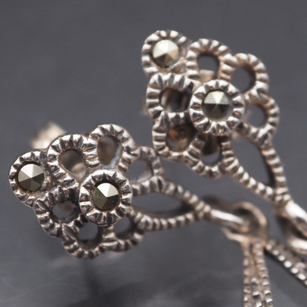 VINTAGE SILVER 925刻印 ターコイズ マーカサイト装飾 ピアス シルバー925 銀縄 ターコイズピアス [es088] | ピアス,シルバー