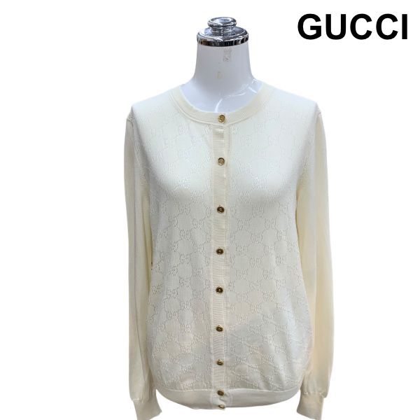 ●◆ グッチ GUCCI カーディガン 長袖 ニット トップス 白 絹 綿 XS 7号 レディース H5X018