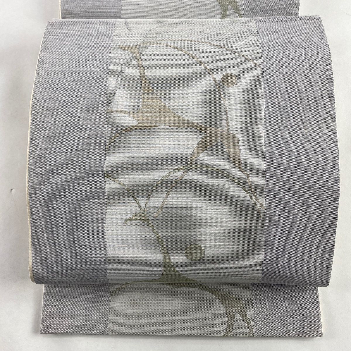 袋帯 秀品 夏帯 水辺のトンボ 銀糸 箔 灰色 六通 正絹-