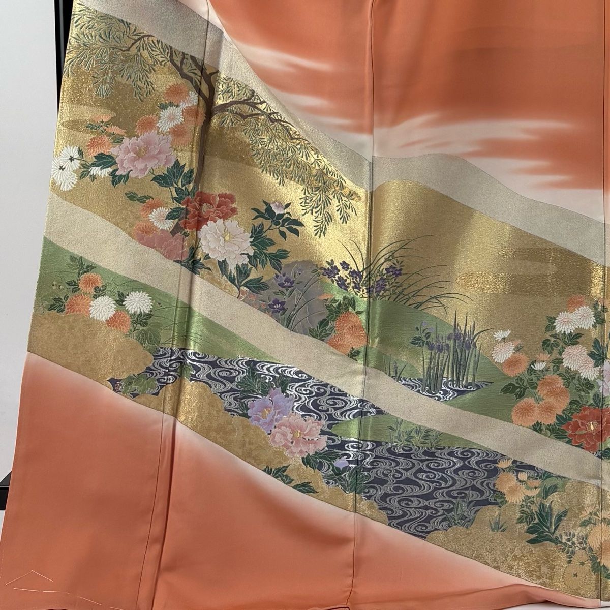 色留袖 身丈175cm 裄丈68cm L 袷 牡丹 流水 金銀糸 ぼかし オレンジ 正絹 秀品 一つ紋