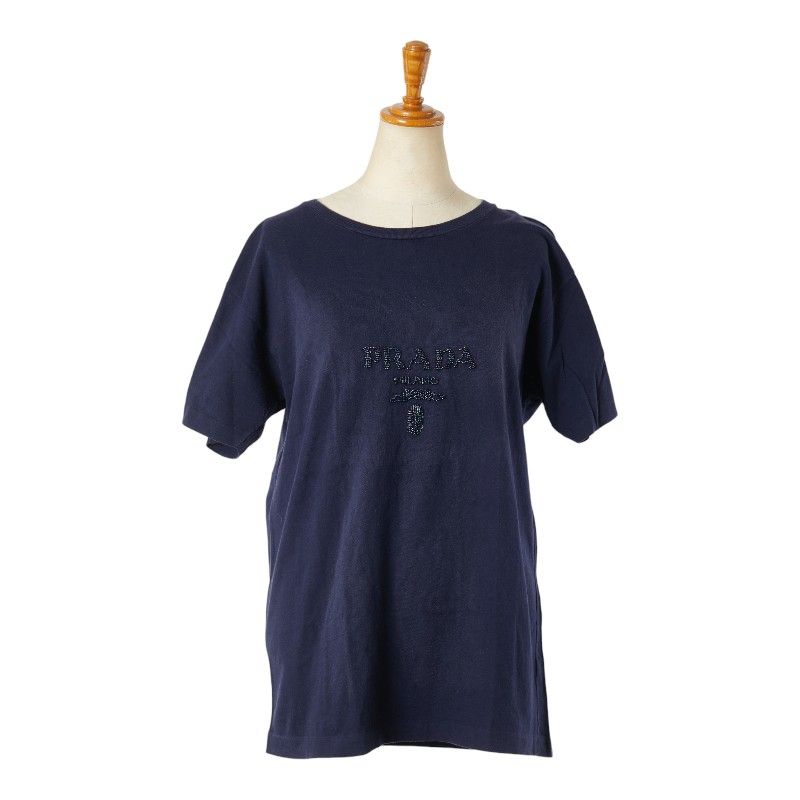 プラダ ロゴ ビーズ ビジュー Tシャツ サイズ M ネイビー コットン メンズ PRADA 1-0203631