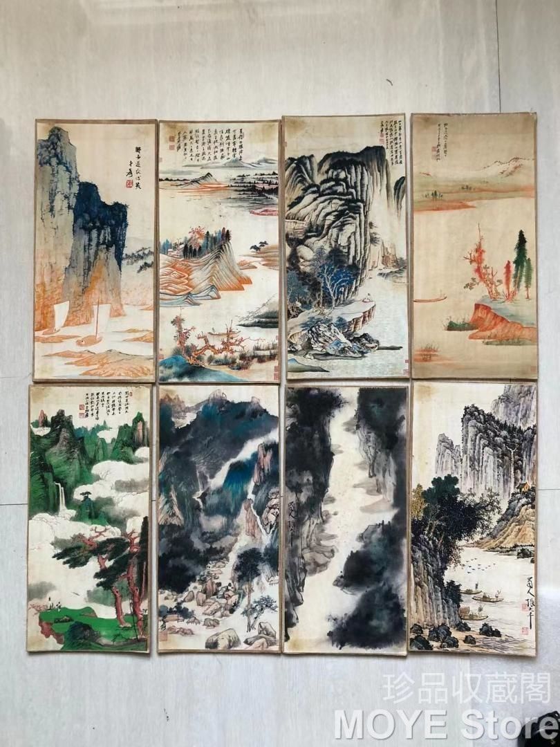 中国美術 純手描きの八ページ山水画芯 草編の 肉筆 茶道 賞物 工筆画 書道