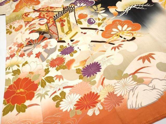 平和屋本店□極上 アンティーク 大正ロマン 振袖 駒刺繍 御所車立波花