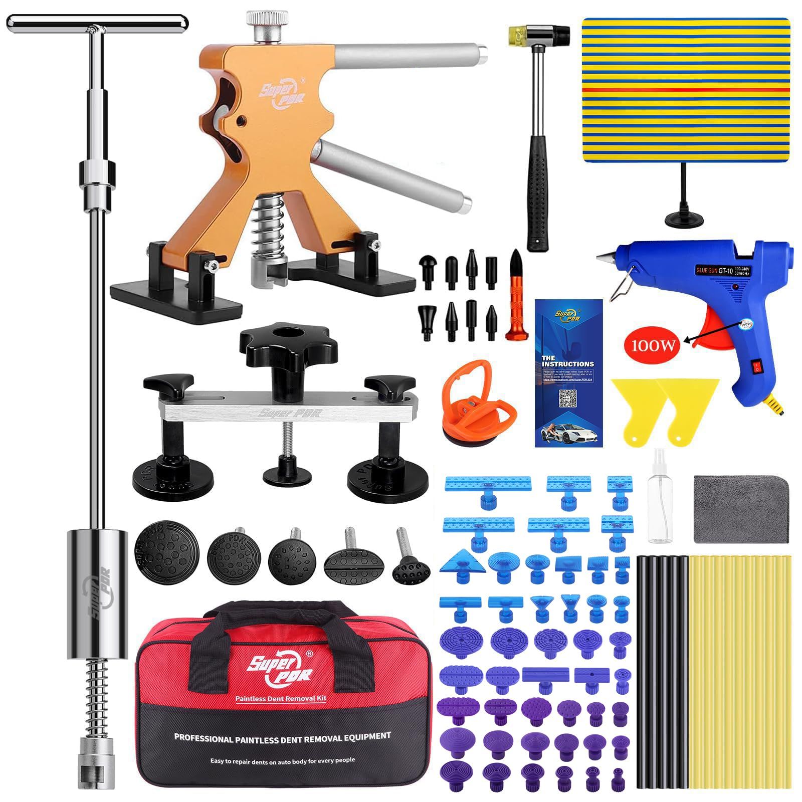 Super PDR デントリペアツール 89PCS デントリペア 工具 車の凹み直し デントリペアキット ヘコミ修理 反射ラインボード付き DIY 雹被害 ボディ 凹み修理 塗装が不要 修復工具 デントリフター スライドハンマー 引っ張り工具 100