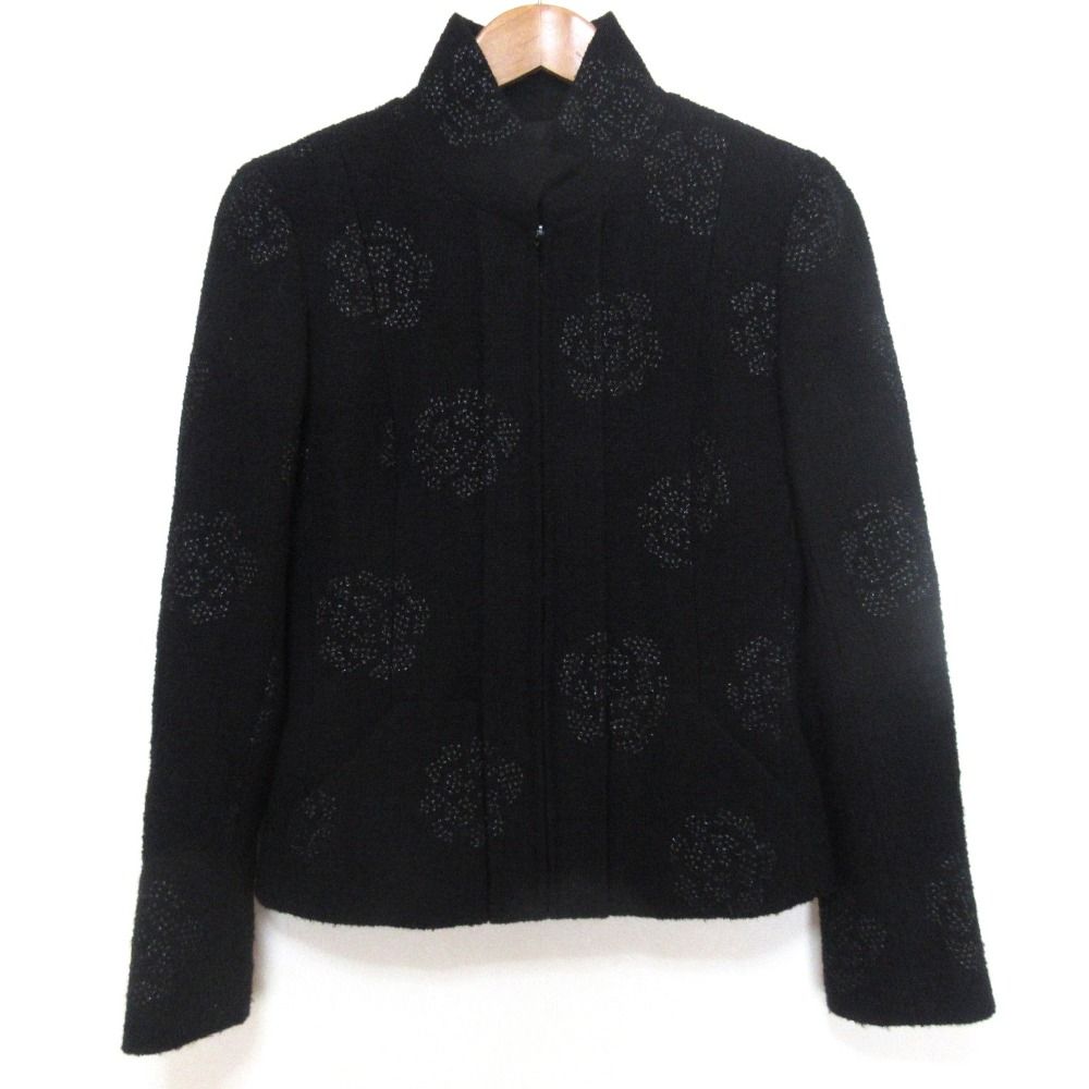 CHANEL シャネル 03C シルクブレンド スタンド カメリア ジップアップ ツイードジャケット P20347 サイズ34 ブラック レディース 古着
