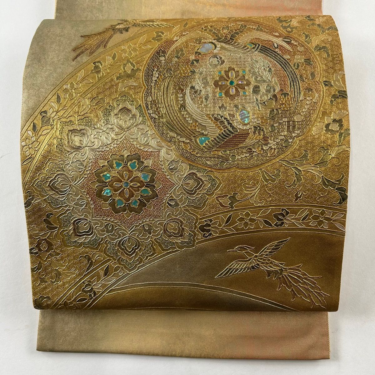 袋帯 名品 華文 花鳥 螺鈿 金彩 金色 お太鼓柄 正絹 【中古