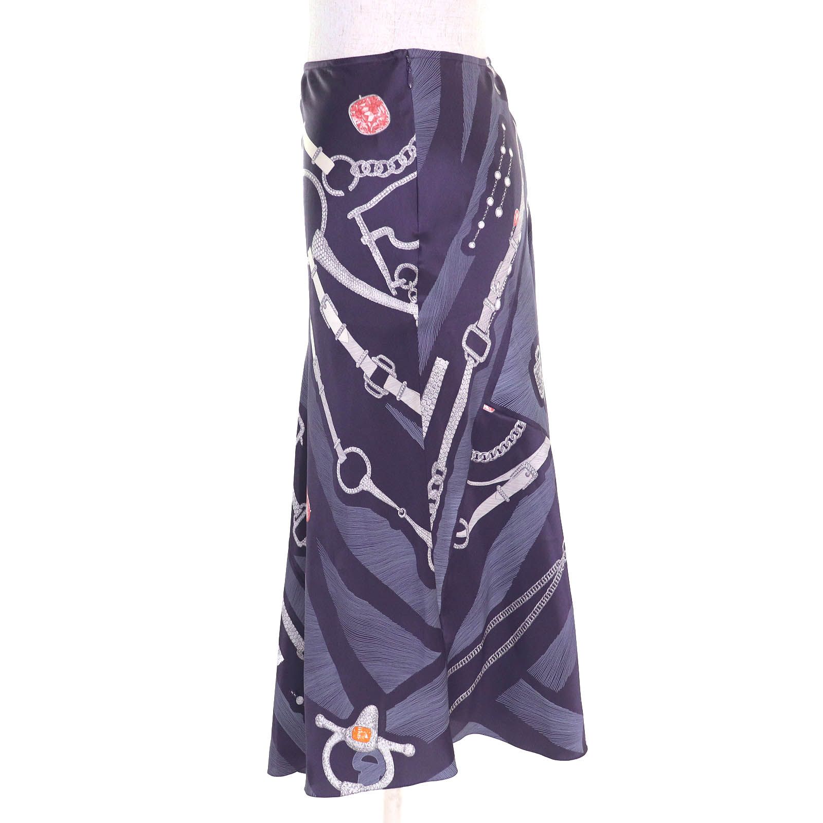 △HERMES エルメス ETVDE POVR VNE PARVRE DE GALA 正装のエチュード シルク100％ スリット入り スカート パープル系 38 フランス製 レディース