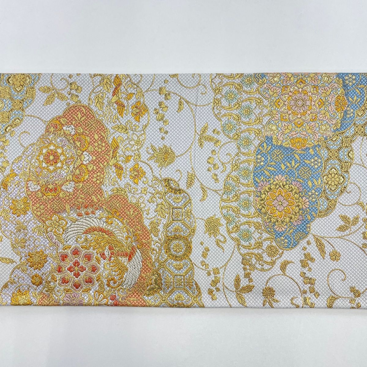 袋帯 美品 名品 鳳凰 華文 金糸 箔 灰白 六通 正絹 【中古