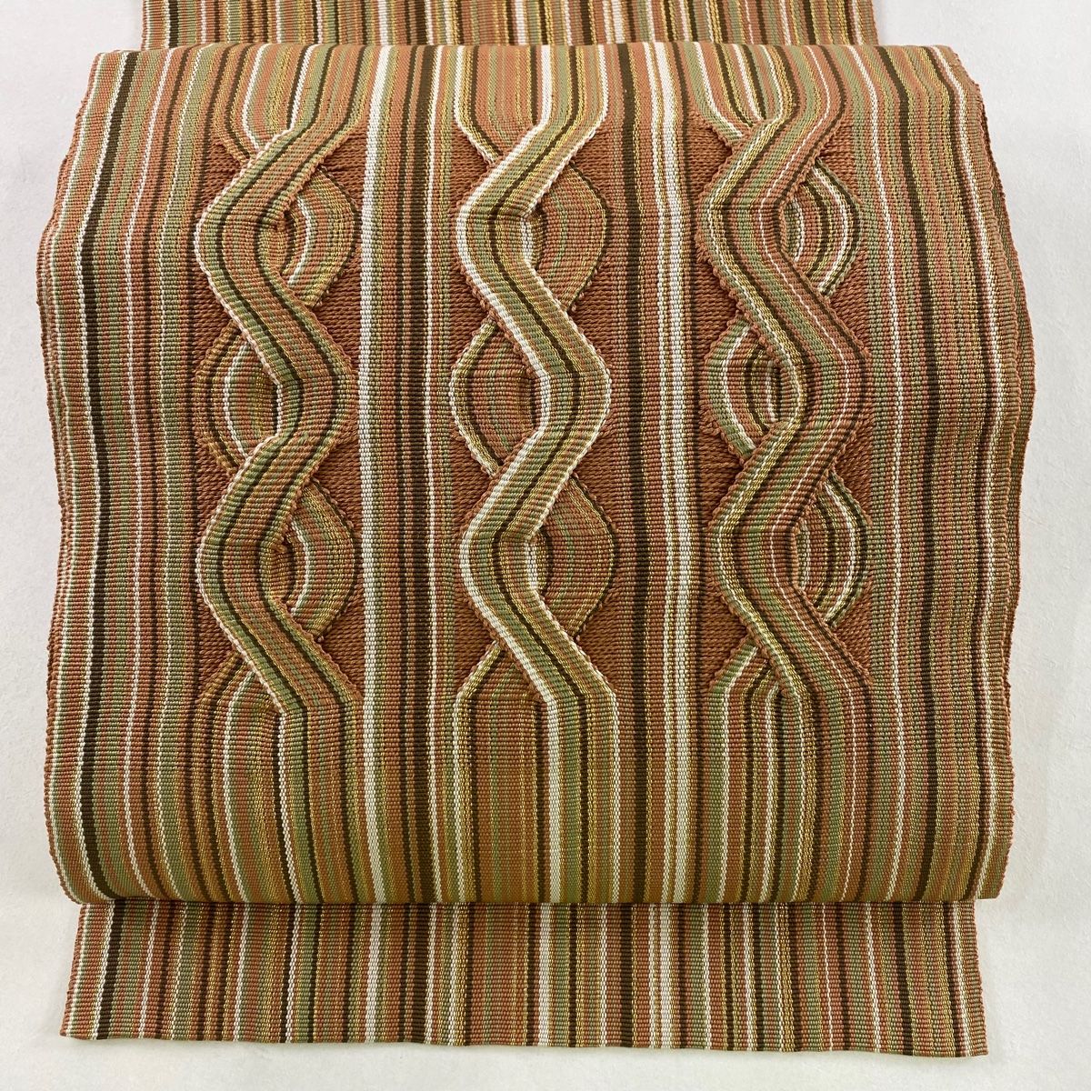 名古屋帯 秀品 八寸名古屋帯 松葉仕立て 縞 金糸 薄オレンジ 正絹