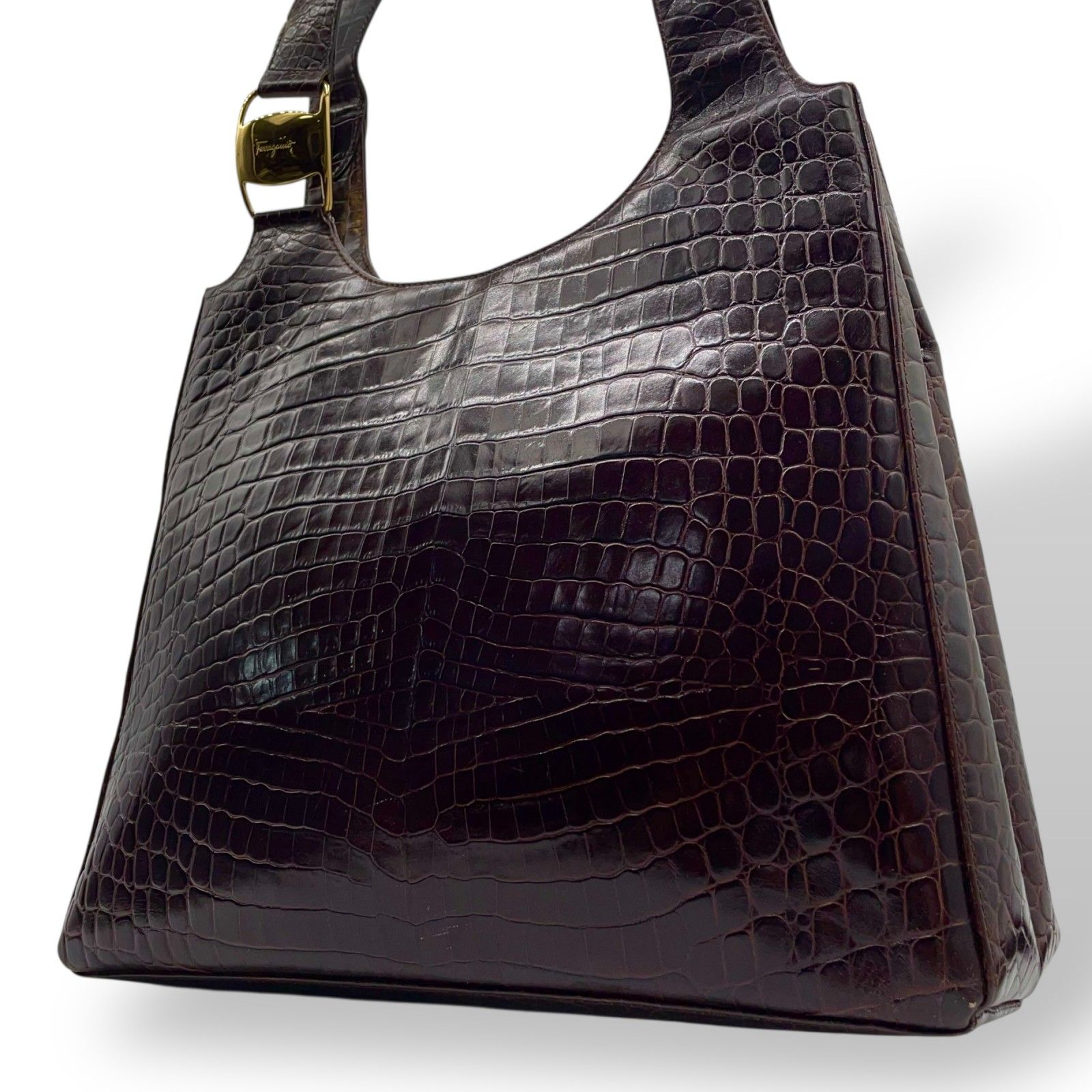 Salvatore Ferragamo サルヴァトーレフェラガモ トートバッグ ハンドバッグ ヴァラ クロコ型押し 茶 ブラウン ゴールド金具 ワンショルダー 肩掛け可 ヴィンテージ レディース B