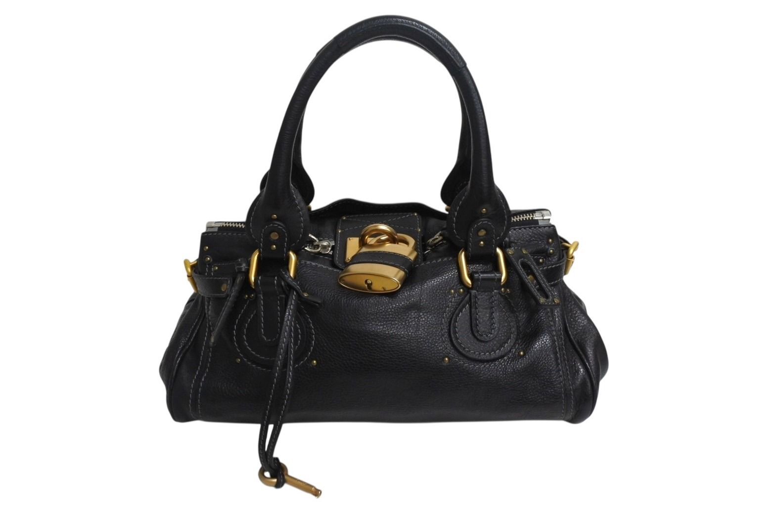 Chloe クロエ パディントン ワンショルダーバッグ ブラック レザー 7ESA02 ロゴ ステッチ ハンドバッグ ゴールド金具 4b001698