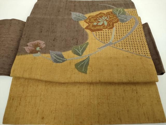平和屋着物●中国三大刺繍 スワトウ相良刺繍 汕頭相良刺繍 総刺繍 つけ帯 紬地 枝花文 正絹 ♥ DAAX4639ps