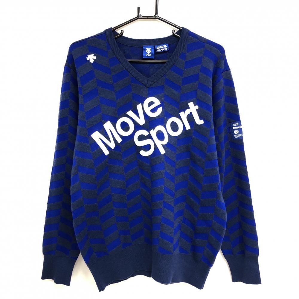 超美品】デサントゴルフ セーター ブルー×ネイビー 総柄 Vネック